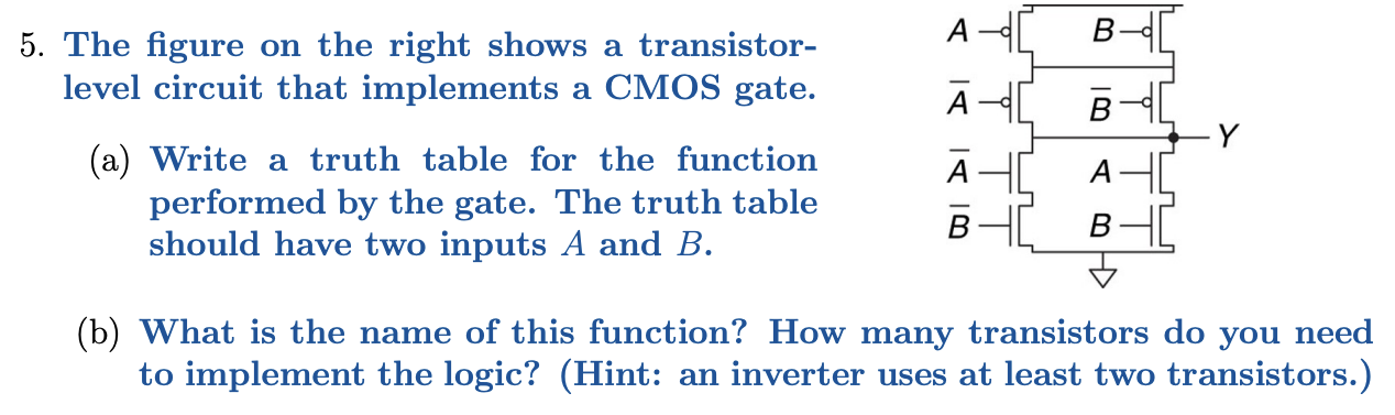 The figure on the right shows a transistor level circuit that implements a CMOS gate. (a) Write a truth table for the function performed by the gate. The truth table should have two inputs A and B. (b) What is the name of this function? How many transistors do you need to implement the logic? (Hint: an inverter uses at least two transistors.)