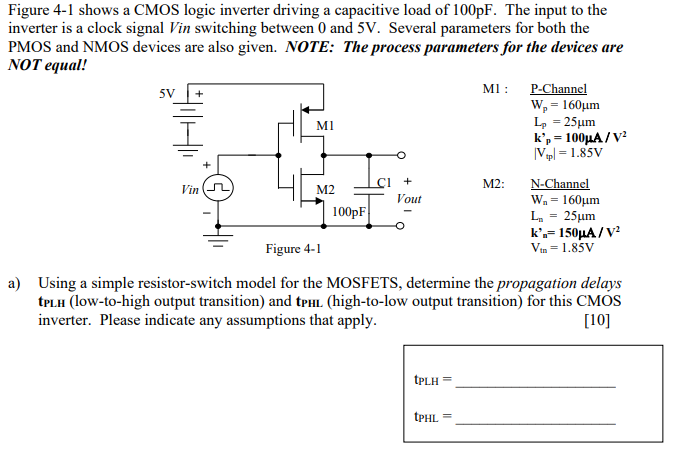 Figure 4-1 shows a CMOS logic inverter driving a capacitive load of 100pF. The input to the inverter is a clock signal Vin switching between 0 and 5 V. Several parameters for both the PMOS and NMOS devices are also given. NOTE: The process parameters for the devices are NOT equal! a) Using a simple resistor-switch model for the MOSFETS, determine the propagation delays tPLH (low-to-high output transition) and tPHL (high-to-low output transition) for this CMOS inverter. Please indicate any assumptions that apply. b) For the given input signal VIN, carefully sketch the output voltage across the capacitor as a function of time on the graph provided. NOTE: Be sure to indicate the propagation delays on the graph. c) If two PMOS devices are connected in parallel (for M1), which propagation delay will be affected and what will its new value be? M1: P-Channel Wp = 160 μm Lp = 25 μm kp’ = 100 μA/V2 |Vtp| = 1.85 V M2: N-Channel Wn = 160 μm Ln = 25 μm kn’ = 150 μA/V2 Vtn = 1.85 V