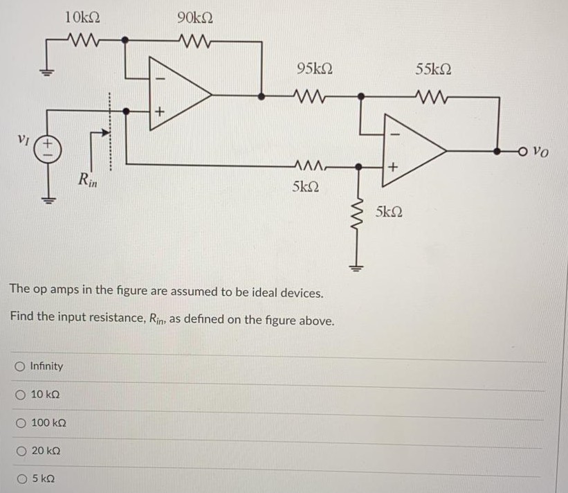 The op amps in the figure are assumed to be ideal devices. Find the input resistance, Rin, as defined on the figure above. Infinity 10 kΩ 100 kΩ 20 kΩ 5kΩ.