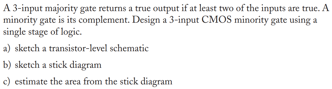 A 3-input majority gate returns a true output if at least two of the inputs are true. A minority gate is its complement. Design a 3-input CMOS minority gate using a single stage of logic. a) sketch a transistor-level schematic b) sketch a stick diagram c) estimate the area from the stick diagram