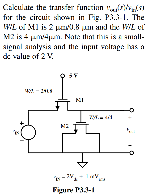 Calculate the transfer function vout(s)/vin(s) for the circuit shown in Fig. P3.3-1. The W/L of M1 is 2 µm/0.8 µm and the W/L of M2 is 4 µm/4 µm. Note that this is a small-signal analysis and the input voltage has a dc value of 2 V.