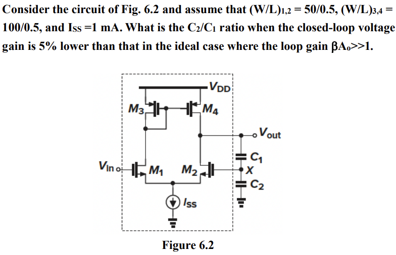 Consider the circuit of Fig. 6.2 and assume that (W/L)1,2 = 50/0.5, (W/L)3,4 = 100/0.5, and ISS = 1 mA. What is the C2/C1 ratio when the closed-loop voltage gain is 5% lower than that in the ideal case where the loop gain βA0 >> 1. 