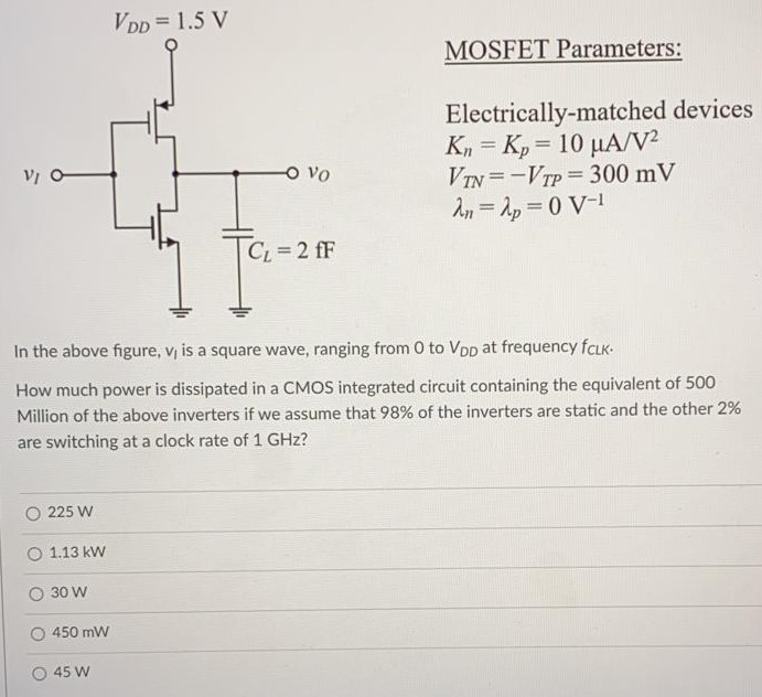 In the above figure, v1 is a square wave, ranging from 0 to VDD at frequency fCLK. How much power is dissipated in a CMOS integrated circuit containing the equivalent of 500 Million of the above inverters if we assume that 98% of the inverters are static and the other 2% are switching at a clock rate of 1GHz? 225 W 1.13 kW 30 W 450 mW 45 W Electrically-matched devices Kn = Kp = 10 μA/V2 VTN = -VTP = 300 mV λn = λp = 0 V-1