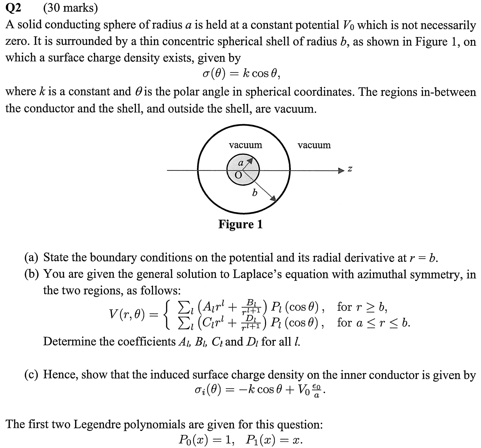 A solid conducting sphere of radius a is held at a constant potential V0 which is not necessarily zero. It is surrounded by a thin concentric spherical shell of radius b, as shown in Figure 1 , on which a surface charge density exists, given by σ(θ) = k cosθ where k is a constant and θ is the polar angle in spherical coordinates. The regions in-between the conductor and the shell, and outside the shell, are vacuum. Figure 1 (a) State the boundary conditions on the potential and its radial derivative at r = b. (b) You are given the general solution to Laplace’s equation with azimuthal symmetry, in the two regions, as follows: V(r,θ) = (P l Alr l + Bl r l+1 Pl(cos θ), for r ≥ b P l Clr l + Dl r l+1 Pl(cos θ), for a ≤ r ≤ b Determine the coefficients Al , Bl , Cl and Dl for all l. (c) Hence, show that the induced surface charge density on the inner conductor is given by σi(θ) = -kcosθ + V0 ϵ0/a The first two Legendre polynomials are given for this question: P0(x) = 1, P1(x) = x.