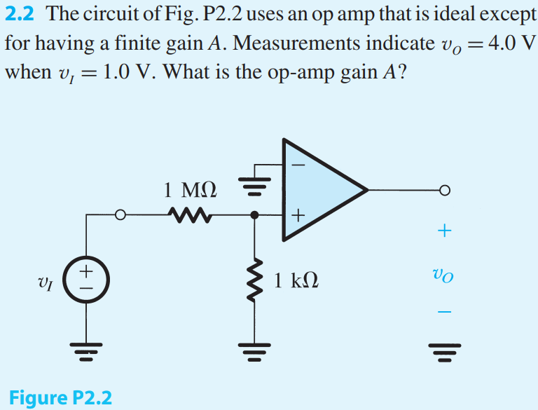 The circuit of Fig. P2.2 uses an op amp that is ideal except for having a finite gain A. Measurements indicate vO = 4.0 V when vI = 1.0 V. What is the op-amp gain A?