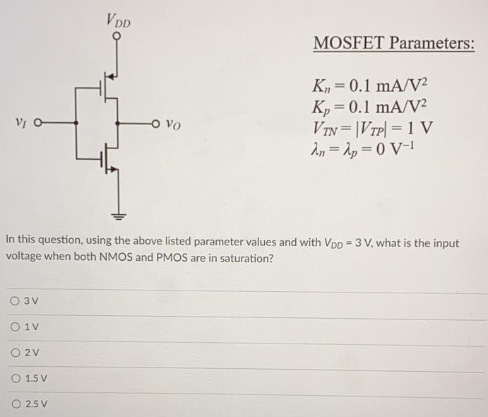 In this question, using the above listed parameter values and with VDD = 3 V, what is the input voltage when both NMOS and PMOS are in saturation? 3 V 1 V 2 V 1.5 V 2.5 V MOSFET Parameters: Electrically-matched devices Kn = 0.1 mA/V2 Kp = 0.1 mA/V2 VTN = |VTP| = 1 V λn = λp = 0 V-1