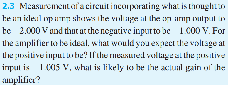 Measurement of a circuit incorporating what is thought to be an ideal op amp shows the voltage at the op-amp output to be -2.000 V and that at the negative input to be -1.000 V. For the amplifier to be ideal, what would you expect the voltage at the positive input to be? If the measured voltage at the positive input is -1.005 V, what is likely to be the actual gain of the amplifier?