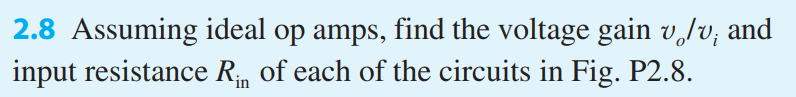 Assuming ideal op amps, find the voltage gain vo/vi and input resistance Rin of each of the circuits in Fig. P2.8.