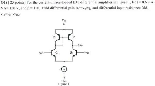 For the current-mirror-loaded BJT differential amplifier in Figure 1, let I = 0.6 mA, VA = 120 V, and β = 120. Find differential gain Ad = vo/vid  and differential input resistance Rid. vid = vB1 - vB2