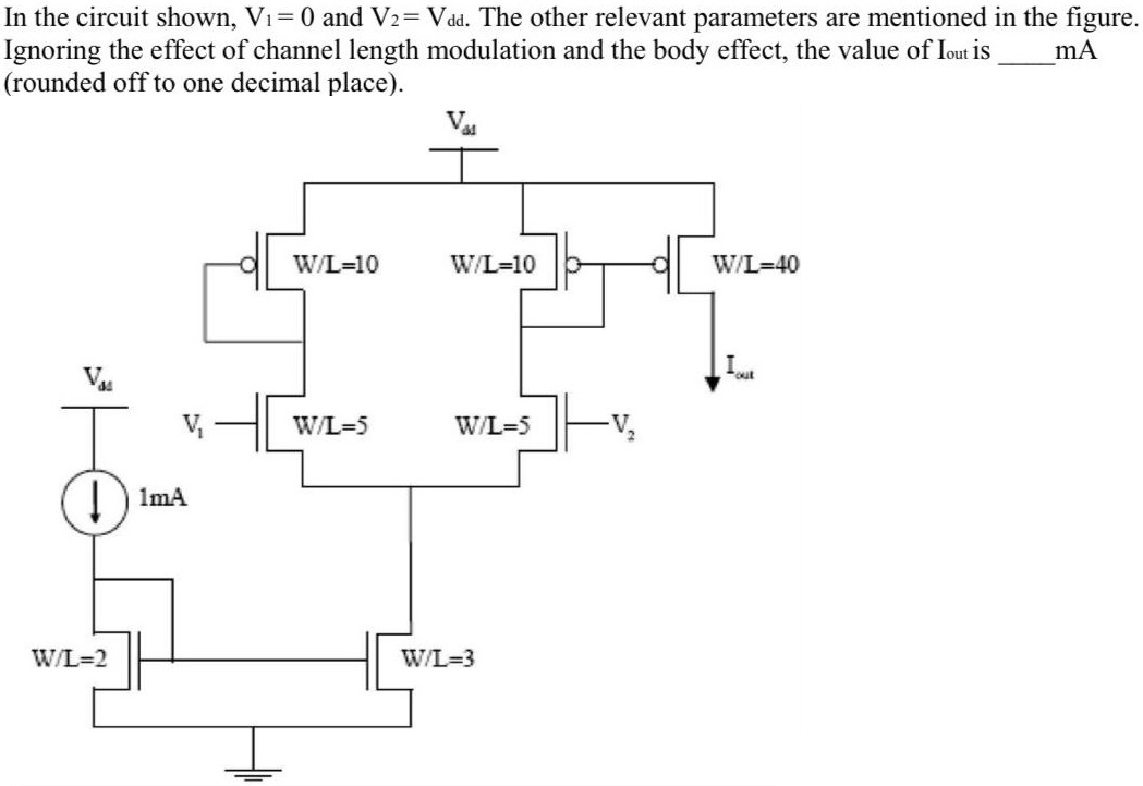 In the circuit shown, V1 = 0 and V2 = Vdd. The other relevant parameters are mentioned in the figure. Ignoring the effect of channel length modulation and the body effect, the value of Iout is mA (rounded off to one decimal place).