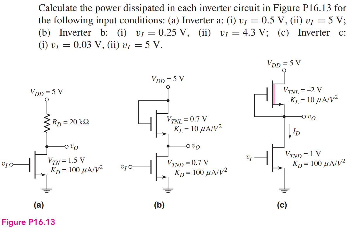 Calculate the power dissipated in each inverter circuit in Figure P16.13 for the following input conditions: (a) Inverter a: (i) vI = 0.5 V, (ii) vI = 5 V; (b) Inverter b: (i) vI = 0.25 V, (ii) vI = 4.3 V; (c) Inverter c: (i) vI = 0.03 V, (ii) vI = 5 V.