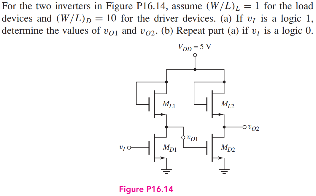 For the two inverters in Figure P16.14, assume (W/L)L = 1 for the load devices and (W/L)D = 10 for the driver devices. (a) If vI is a logic 1, determine the values of vO1 and vO2. (b) Repeat part (a) if vI is a logic 0.