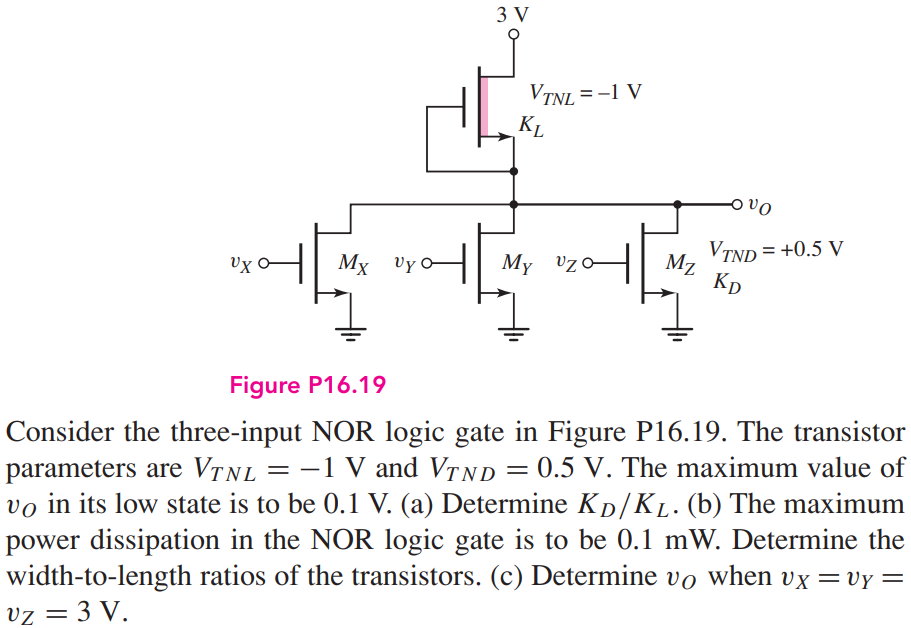 Consider the three-input NOR logic gate in Figure P16.19. The transistor parameters are VTNL = -1 V and VTND = 0.5 V. The maximum value of vO in its low state is to be 0.1 V. (a) Determine KD/KL . (b) The maximum power dissipation in the NOR logic gate is to be 0.1 mW. Determine the width-to-length ratios of the transistors. (c) Determine vO when vX = vY = vZ = 3 V.