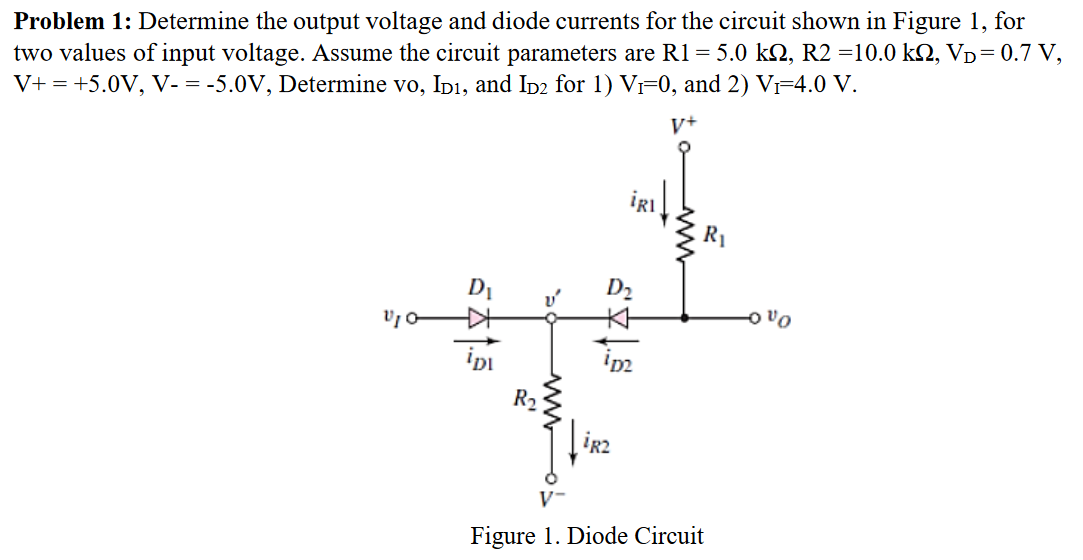 Determine the output voltage and diode currents for the circuit shown in Figure 1, for two values of input voltage. Assume the circuit parameters are R1 = 5.0 kΩ, R2 = 10.0 kΩ, VD = 0.7 V, V+ = +5.0 V, V- = -5.0 V, Determine vo, ID1, and ID2 for 1)VI = 0, and 2) VI = 4.0 V