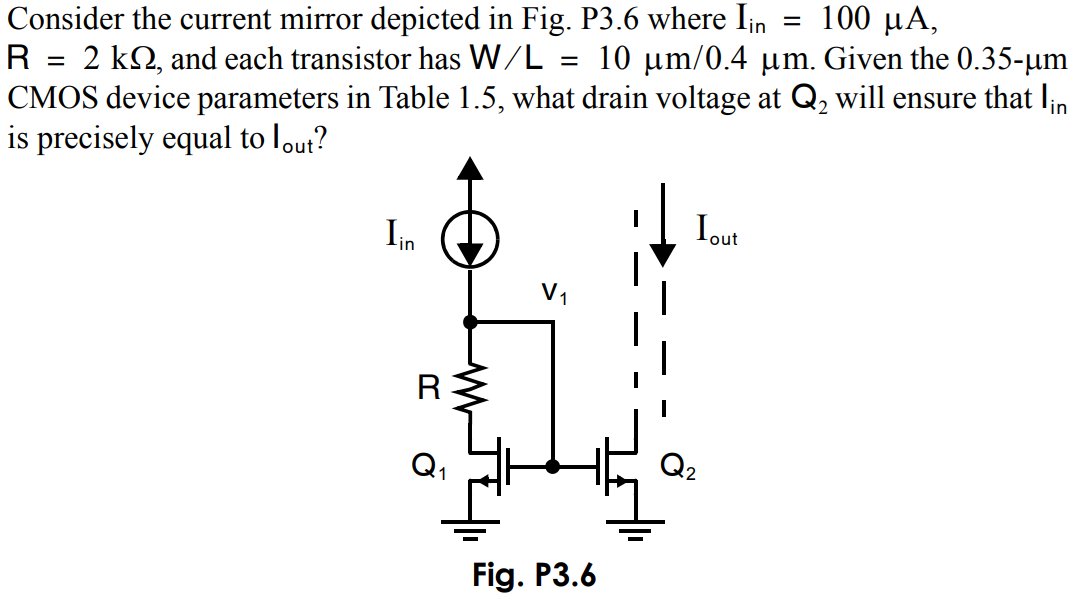 Consider the current mirror depicted in Fig. P3.6 where Iin = 100 µA, R = 2 kΩ, and each transistor has W/L = 10 µm/0.4 µm. Given the 0.35-μm CMOS device parameters in Table 1.5, what drain voltage at Q2 will ensure that Iin is precisely equal to Iout?