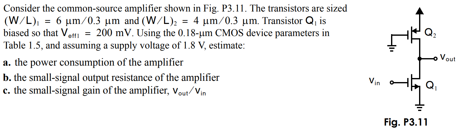 Consider the common-source amplifier shown in Fig. P3.11. The transistors are sized (W/L)1 = 6 µm/0.3 µm and (W/L)2 = 4 µm/0.3 µm. Transistor Q1 is biased so that Veff1 = 200 mV. Using the 0.18−µm CMOS device parameters in Table 1.5, and assuming a supply voltage of 1.8 V, estimate: a. the power consumption of the amplifier b. the small-signal output resistance of the amplifier c. the small-signal gain of the amplifier, vout /vin