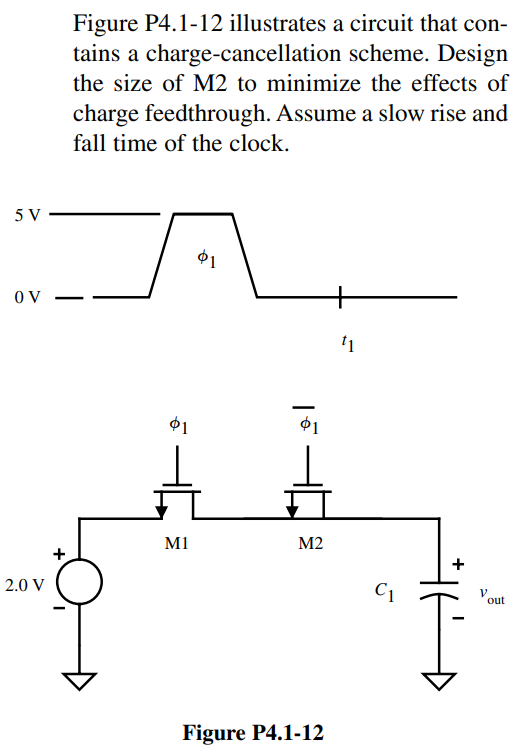 Figure P4.1-12 illustrates a circuit that contains a charge-cancellation scheme. Design the size of M2 to minimize the effects of charge feedthrough. Assume a slow rise and fall time of the clock.