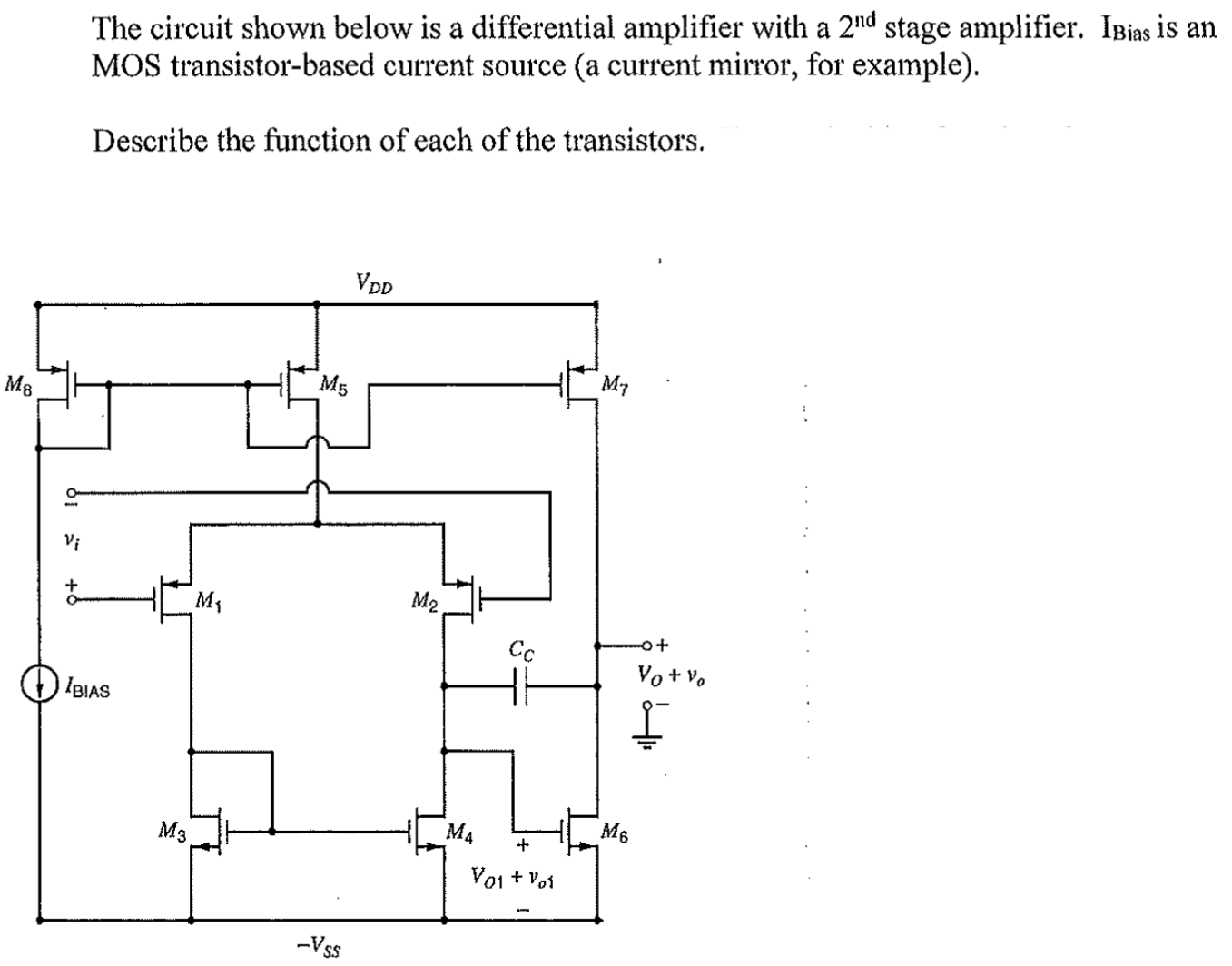 The circuit shown below is a differential amplifier with a 2nd stage amplifier. IBias is an MOS transistor-based current source (a current mirror, for example). Describe the function of each of the transistors.