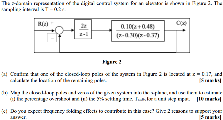 The z-domain representation of the digital control system for an elevator is shown in Figure 2. The sampling interval is T = 0.2 s. Figure 2 (a) Confirm that one of the closed-loop poles of the system in Figure 2 is located at z = 0.17, and calculate the location of the remaining poles. [5 marks] (b) Map the closed-loop poles and zeros of the given system into the s-plane, and use them to estimate (i) the percentage overshoot and (ii) the 5% settling time, Ts±5% for a unit step input. [10 marks] (c) Do you expect frequency folding effects to contribute in this case? Give 2 reasons to support your answer. [5 marks]