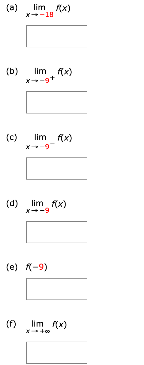 The graph of f is given. Use the graph to compute the quantities asked for. (If an answer does not exist, enter DNE.) (a) limx→-18 f(x) (b) limx→-9+ f(x) (c) limx→-9- f(x) (a) limx→-18 f(x) (b) limx→-9+ f(x) (c) limx→-9- f(x) (d) limx→-9 f(x) (e) f(-9) (f) limx→+∞ f(x)