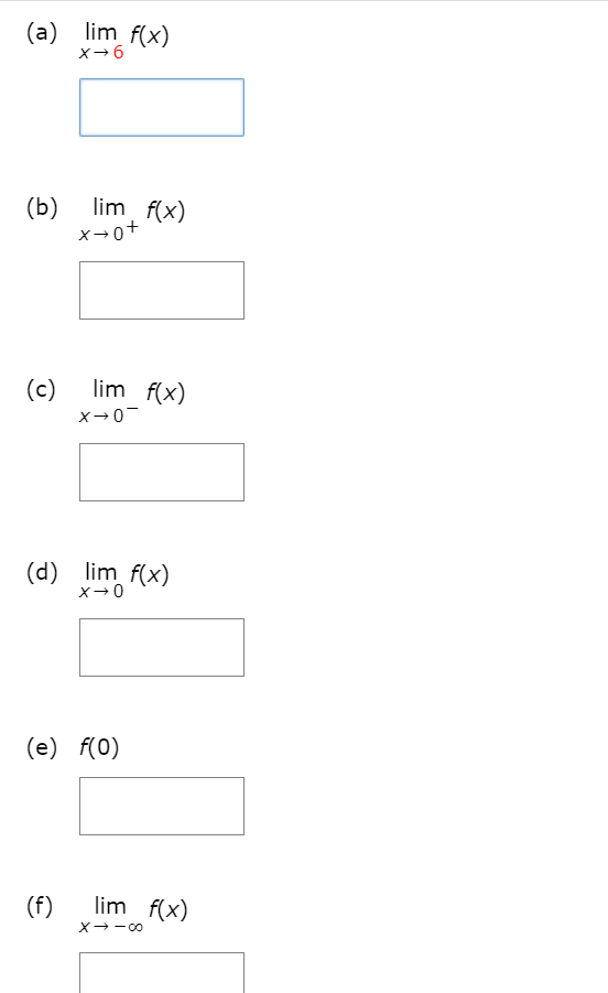 The graph of f is given. Use the graph to compute the quantities asked for. (If an answer does not exist, enter DNE.) (a) limx→6 f(x) (b) limx→0+ f(x) (a) limx→6 f(x) (b) limx→0+ f(x) (c) limx→0- f(x) (d) limx→0 f(x) (e) f(0) (f) limx→-∞ f(x)