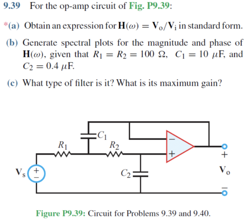 9.39 For the op-amp circuit of Fig. P9.39: *(a) Obtain an expression for H(ω) = Vo/Vi in standard form. (b) Generate spectral plots for the magnitude and phase of H(ω), given that R1 = R2 = 100 Ω, C1 = 10 µF, and C2 = 0.4 µF. (c) What type of filter is it? What is its maximum gain? Figure P9.39: Circuit for Problems 9.39 and 9.40.