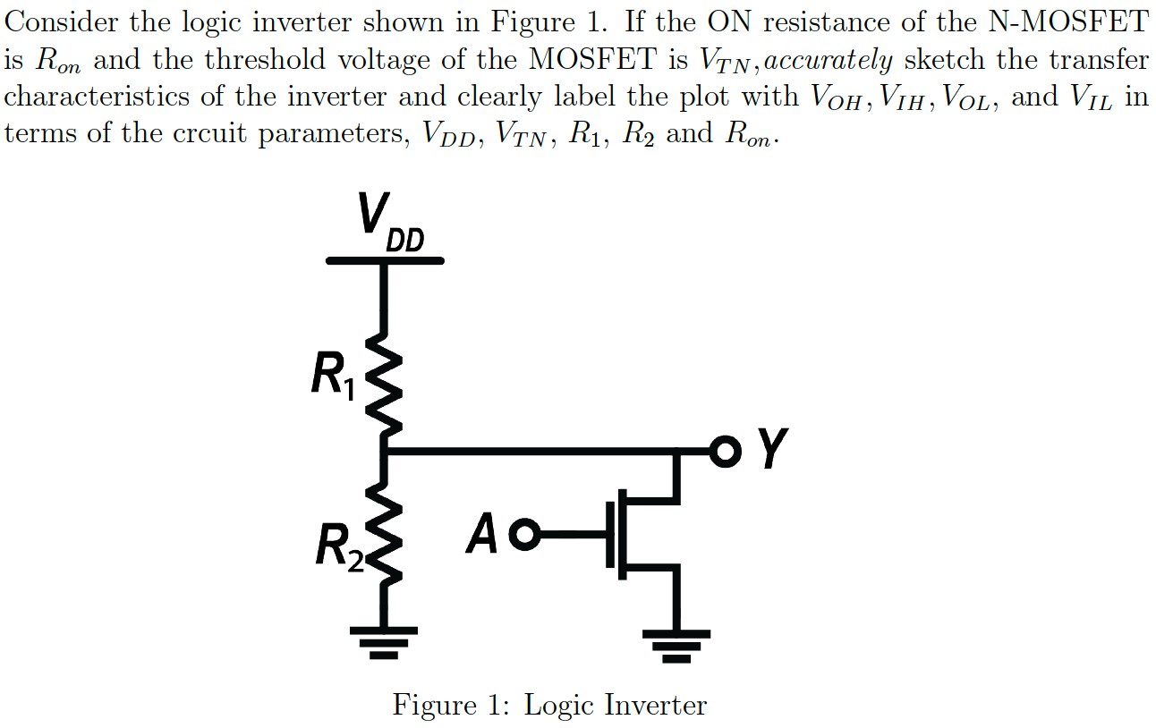 Consider the logic inverter shown in Figure 1. If the ON resistance of the NMOSFET is Ron and the threshold voltage of the MOSFET is VTN, accurately sketch the transfer characteristics of the inverter and clearly label the plot with VOH, VIH, VOL, and VIL in terms of the circuit parameters, VDD, VTN, R1, R2 and Ron. Figure 1: Logic Inverter