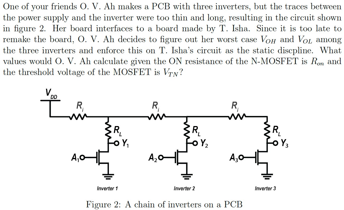 One of your friends O. V. Ah makes a PCB with three inverters, but the traces between the power supply and the inverter were too thin and long, resulting in the circuit shown in figure 2. Her board interfaces to a board made by T. Isha. Since it is too late to remake the board, O. V. Ah decides to figure out her worst case VOH and VOL among the three inverters and enforce this on T. Isha's circuit as the static discpline. What values would O. V. Ah calculate given the ON resistance of the N-MOSFET is Ron and the threshold voltage of the MOSFET is VTN ? Figure 2: A chain of inverters on a PCB