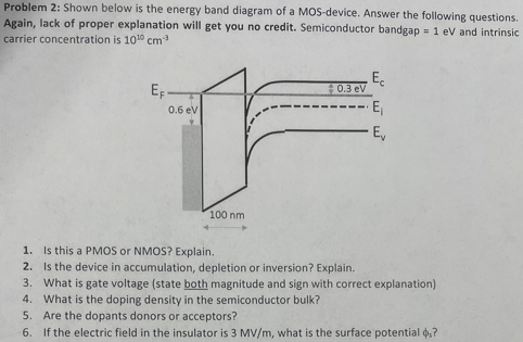 Shown below is the energy band diagram of a MOS-device. Answer the following questions. Again, lack of proper explanation will get you no credit. Semiconductor bandgap = 1 eV and intrinsic carrier concentration is 10^10 cm^-3 1. Is this a PMOS or NMOS? Explain. 2. Is the device in accumulation, depletion or inversion? Explain. 3. What is gate voltage (state both magnitude and sign with correct explanation) 4. What is the doping density in the semiconductor bulk? 5. Are the dopants donors or acceptors? 6. If the electric field in the insulator is 3 MV/m, what is the surface potential φ5?