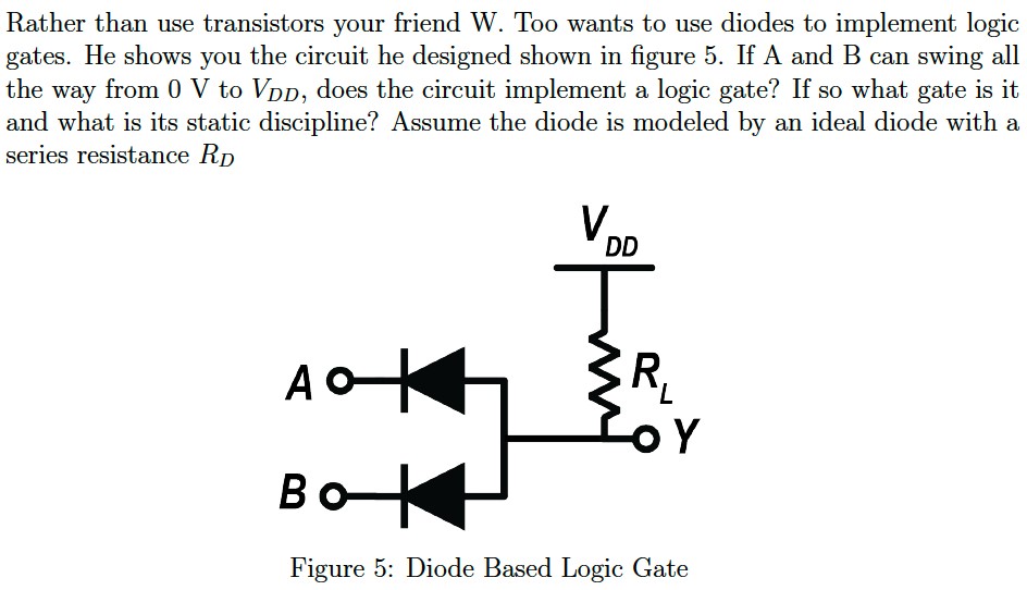 Rather than use transistors your friend W. Too wants to use diodes to implement logic gates. He shows you the circuit he designed shown in figure 5. If A and B can swing all the way from 0 V to VDD, does the circuit implement a logic gate? If so what gate is it and what is its static discipline? Assume the diode is modeled by an ideal diode with a series resistance RD Figure 5: Diode Based Logic Gate