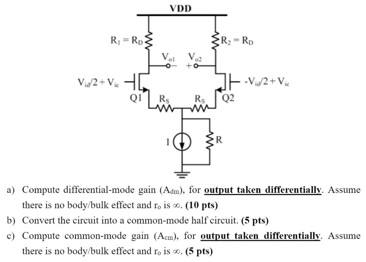 a) Compute differential-mode gain (Adm), for output taken differentially. Assume there is no body/bulk effect and ro is ∞. (10 pts) b) Convert the circuit into a common-mode half circuit. (5 pts) c) Compute common-mode gain (Acm), for output taken differentially. Assume there is no body/bulk effect and ro is ∞. (5 pts)