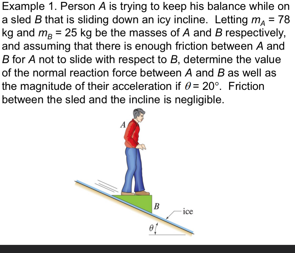 Example 1. Person A is trying to keep his balance while on a sled B that is sliding down an icy incline. Letting mA = 78 kg and mB = 25 kg be the masses of A and B respectively, and assuming that there is enough friction between A and B for A not to slide with respect to B, determine the value of the normal reaction force between A and B as well as the magnitude of their acceleration if θ = 20∘. Friction between the sled and the incline is negligible.