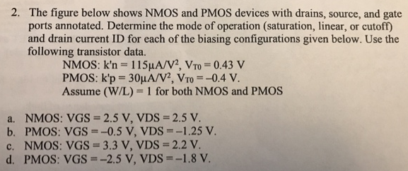 The figure below shows NMOS and PMOS devices with drains, source, and gate ports annotated. Determine the mode of operation (saturation, linear, or cutoff) and drain current ID for each of the biasing configurations given below. Use the following transistor data. NMOS: k′n = 115 μA/V2, VT0 = 0.43 V PMOS: k′p = 30 μA/V2, VT0 = −0.4 V. Assume (W/L) = 1 for both NMOS and PMOS a. NMOS:VGS = 2.5 V, VDS = 2.5 V. b. PMOS: VGS = −0.5 V, VDS = −1.25 V. c. NMOS:VGS = 3.3 V, VDS = 2.2 V. d. PMOS: VGS = −2.5 V, VDS = −1.8 V. 