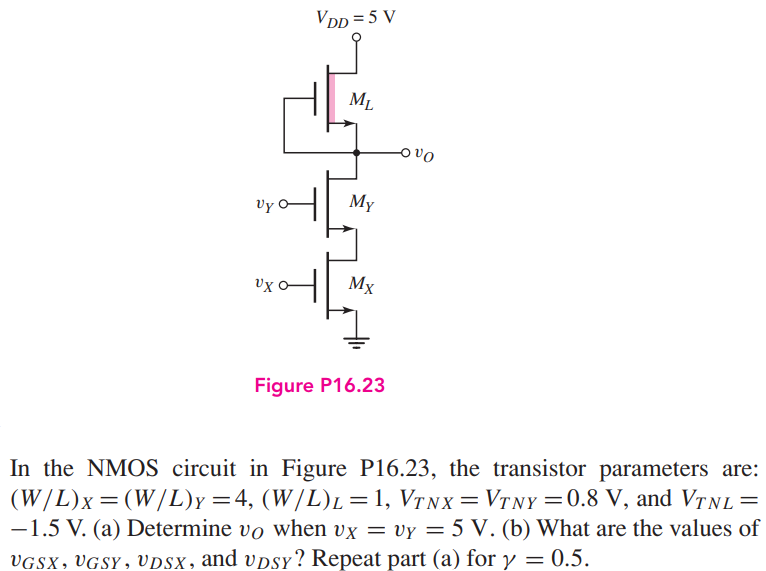 Figure P16.23 In the NMOS circuit in Figure P16.23, the transistor parameters are: (W/L)X = (W/L)Y = 4, (W/L)L = 1, VTNX = VTNY = 0.8 V, and VTNL = −1.5 V. (a) Determine vO when vX = vY = 5 V. (b) What are the values of vGSX, vGSY, vDSX, and vDSY? Repeat part (a) for γ = 0.5. 