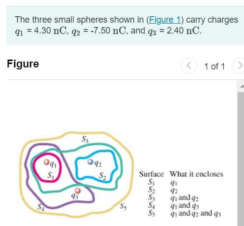 The three small spheres shown in (Figure 1) carry charges q1 = 4.30 nC, q2 = −7.50 nC, and q3 = 2.40 nC. Figure 1 of 1 Part A Find the net electric flux through the closed surface S1 shown in cross section in the figure. Express your answer in newton times meters squared per coulomb. Submit Request Answer Part B Find the net electric flux through the closed surface S2 shown in cross section in the figure. Express your answer in newton times meters squared per coulomb. Part C Find the net electric flux through the closed surface S3 shown in cross section in the figure. Express your answer in newton times meters squared per coulomb. Submit Request Answer Part D Find the net electric flux through the closed surface S4 shown in cross section in the figure. Express your answer in newton times meters squared per coulomb. art E Find the net electric flux through the closed surface S5 shown in cross section in the figure. Express your answer in newton times meters squared per coulomb. Φ = N⋅m2 /C Submit Request Answer Part F Do your answers to parts A through E depend on how the charge is distributed over each small sphere? depend do not depend 