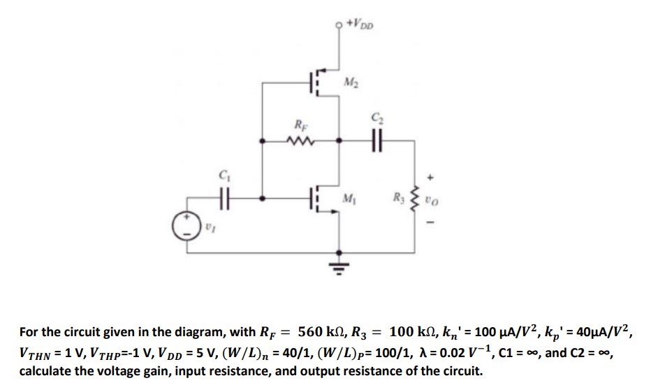 For the circuit given in the diagram, with RF = 560 kΩ, R3 = 100 kΩ, kn′ = 100 μA/V2, kp′ = 40 μA/V2, VTHN = 1 V, VTHP = −1 V, VDD = 5 V, (W/L)n = 40/1, (W/L)P = 100/1, λ = 0.02 V−1, C1 = ∞, and C2 = ∞, calculate the voltage gain, input resistance, and output resistance of the circuit.