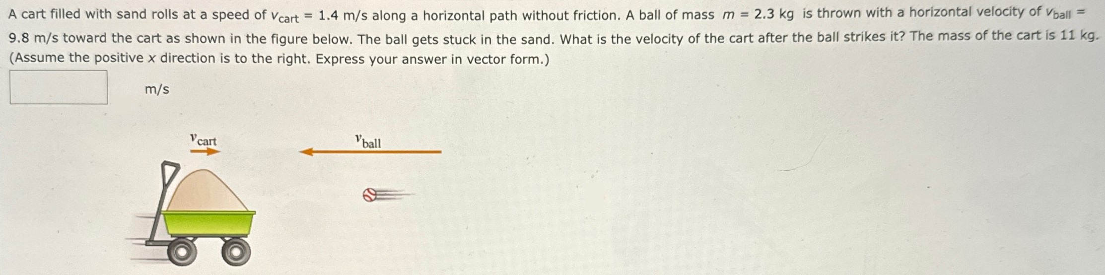 A cart filled with sand rolls at a speed of vcart = 1.4 m/s along a horizontal path without friction. A ball of mass m = 2.3 kg is thrown with a horizontal velocity of vball = 9.8 m/s toward the cart as shown in the figure below. The ball gets stuck in the sand. What is the velocity of the cart after the ball strikes it? The mass of the cart is 11 kg. (Assume the positive x direction is to the right. Express your answer in vector form.) m/s