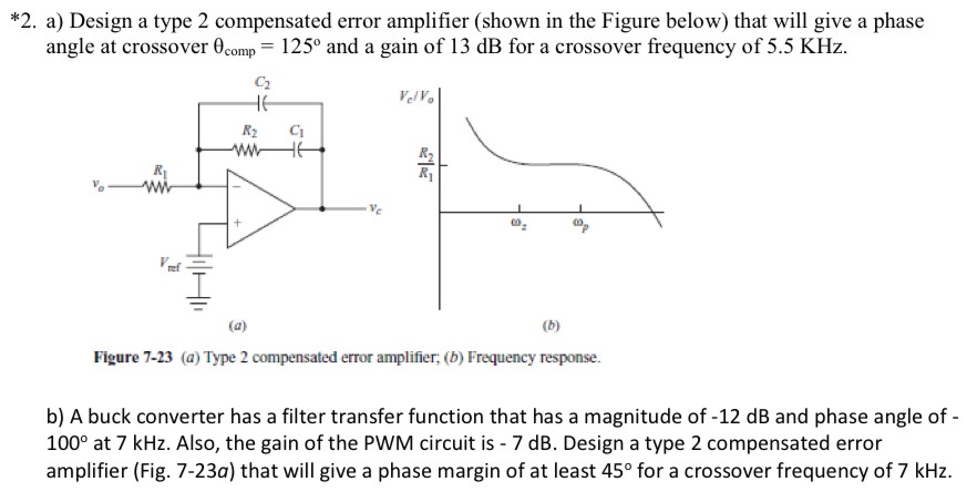 *2. a) Design a type 2 compensated error amplifier (shown in the Figure below) that will give a phase angle at crossover θcomp = 125∘ and a gain of 13 dB for a crossover frequency of 5.5 KHz. (a) (b) Figure 7-23 (a) Type 2 compensated error amplifier; (b) Frequency response. b) A buck converter has a filter transfer function that has a magnitude of - 12 dB and phase angle of 100∘ at 7 kHz. Also, the gain of the PWM circuit is −7 dB. Design a type 2 compensated error amplifier (Fig. 7-23 a) that will give a phase margin of at least 45∘ for a crossover frequency of 7 kHz. 