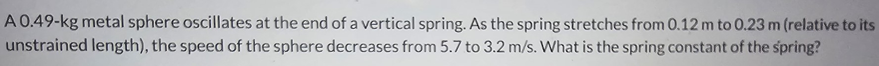 A 0.49-kg metal sphere oscillates at the end of a vertical spring. As the spring stretches from 0.12 m to 0.23 m (relative to its unstrained length), the speed of the sphere decreases from 5.7 to 3.2 m/s. What is the spring constant of the spring?