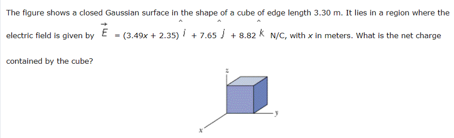 The figure shows a closed Gaussian surface in the shape of a cube of edge length 3.30 m. It lies in a region where the electric field is given by E→ = (3.49x + 2.35) i^ + 7.65 j^ + 8.82 k^ N/C, with x in meters. What is the net charge contained by the cube?