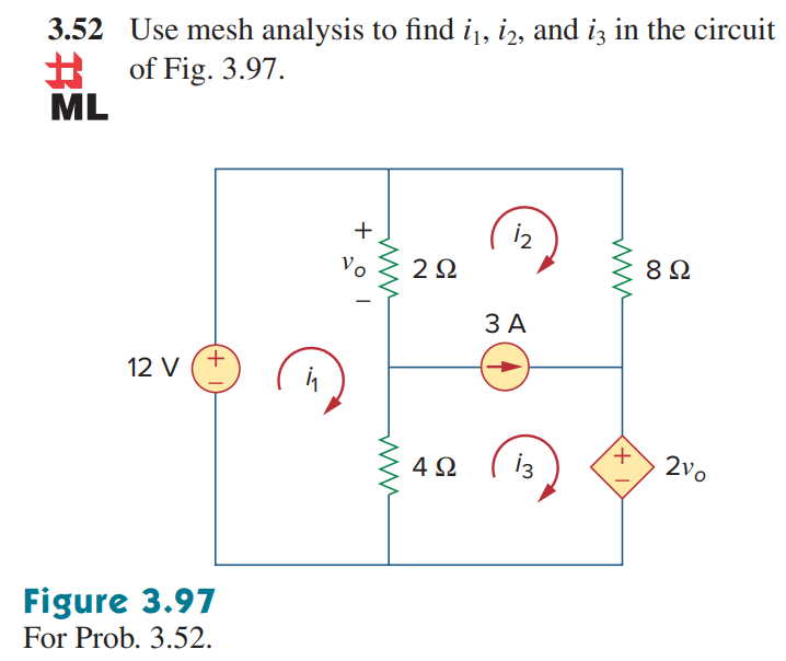 3.52 Use mesh analysis to find i1, i2, and i3 in the circuit of Fig. 3.97. Figure 3.97 For Prob. 3.52.