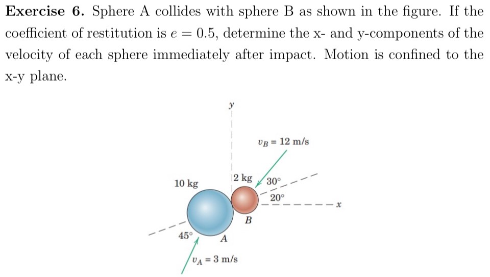 Exercise 6. Sphere A collides with sphere B as shown in the figure. If the coefficient of restitution is e = 0.5, determine the x- and y-components of the velocity of each sphere immediately after impact. Motion is confined to the x-y plane.