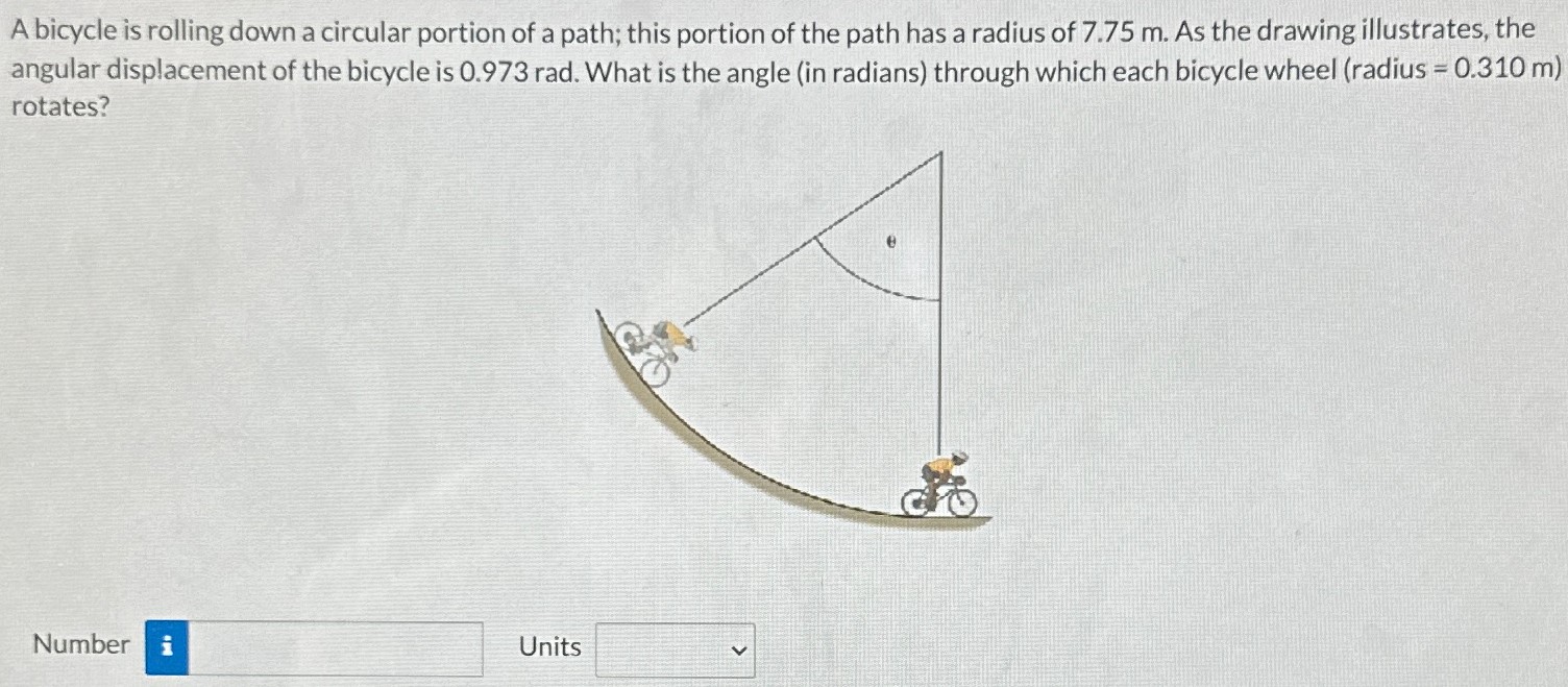 A bicycle is rolling down a circular portion of a path; this portion of the path has a radius of 7.75 m. As the drawing illustrates, the angular displacement of the bicycle is 0.973 rad. What is the angle (in radians) through which each bicycle wheel (radius = 0.310 m) rotates? Number Units