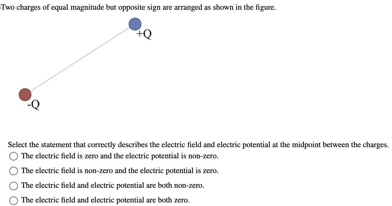 Two charges of equal magnitude but opposite sign are arranged as shown in the figure. Select the statement that correctly describes the electric field and electric potential at the midpoint between the charges. The electric field is zero and the electric potential is non-zero. The electric field is non-zero and the electric potential is zero. The electric field and electric potential are both non-zero. The electric field and electric potential are both zero.