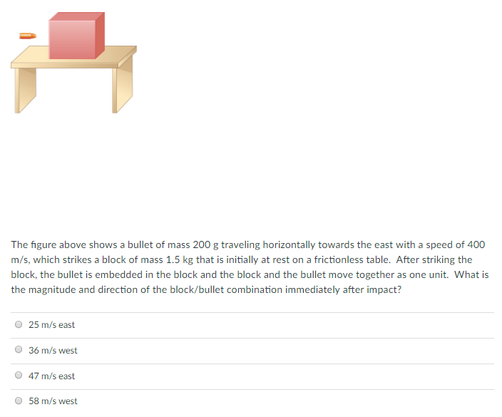 The figure above shows a bullet of mass 200 g traveling horizontally towards the east with a speed of 400 m/s, which strikes a block of mass 1.5 kg that is initially at rest on a frictionless table. After striking the block, the bullet is embedded in the block and the block and the bullet move together as one unit. What is the magnitude and direction of the block/bullet combination immediately after impact? 25 m/s east 36 m/s west 47 m/s east 58 m/s west