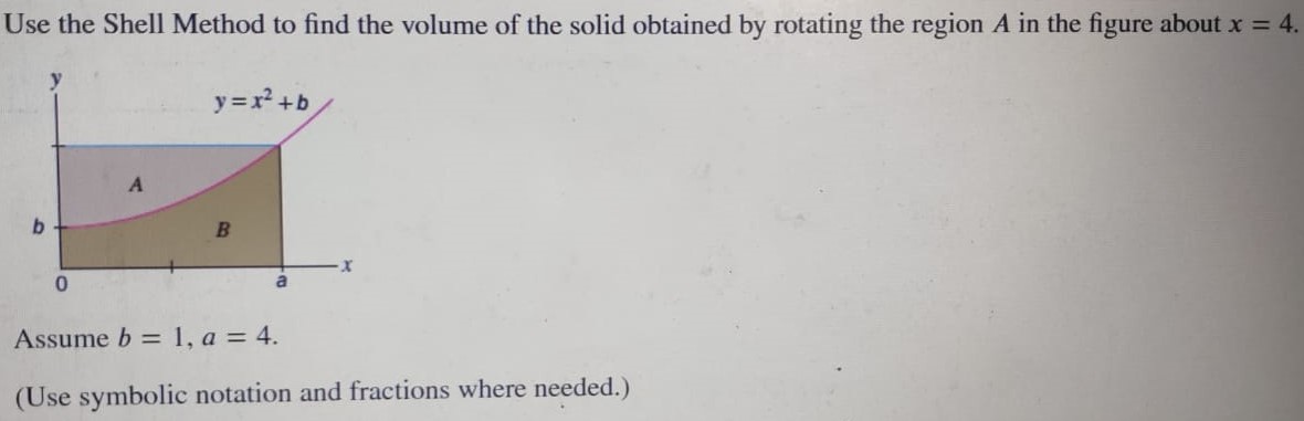 Use the Shell Method to find the volume of the solid obtained by rotating the region A in the figure about x = 4. Assume b = 1, a = 4. (Use symbolic notation and fractions where needed. ) 