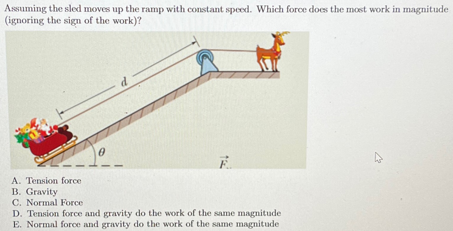 Assuming the sled moves up the ramp with constant speed. Which force does the most work in magnitude (ignoring the sign of the work)? A. Tension force B. Gravity C. Normal Force D. Tension force and gravity do the work of the same magnitude E. Normal force and gravity do the work of the same magnitude