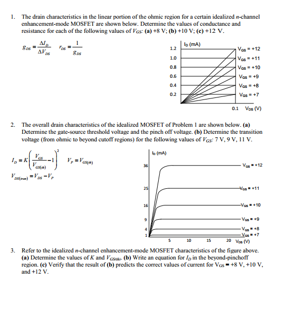 The drain characteristics in the linear portion of the ohmic region for a certain idealized n-channel enhancement-mode MOSFET are shown below. Determine the values of conductance and resistance for each of the following values of VGS:( (a) +8 V; (b) +10 V; (c) +12 V. gDS = ΔID ΔVDS rDS = 1 gDS The overall drain characteristics of the idealized MOSFET of Problem 1 are shown below. (a) Determine the gate-source threshold voltage and the pinch off voltage. (b) Determine the transition voltage (from ohmic to beyond cutoff regions) for the following values of VGS:7 V, 9 V, 11 V. ID = K(VGS VGS(th) − 1)2 VP = VGS(th) VDS(tran) = VDS − VP Refer to the idealized n-channel enhancement-mode MOSFET characteristics of the figure above. (a) Determine the values of K and VGS(th). (b) Write an equation for ID in the beyond-pinchoff region. (c) Verify that the result of (b) predicts the correct values of current for VGS = +8 V, +10 V, and +12 V. 