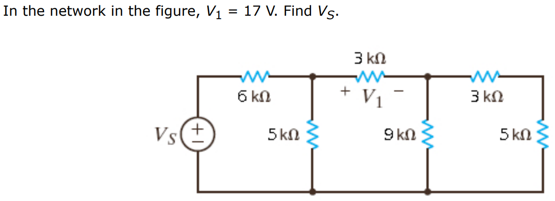 In the network in the figure, V1 = 17 V. Find VS.