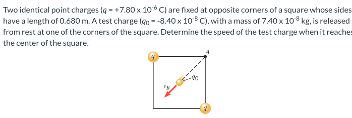 Two identical point charges (q = +7.80×10−6 C) are fixed at opposite corners of a square whose sides have a length of 0.680 m. A test charge (q0 = −8.40×10−8 C), with a mass of 7.40×10−8 kg, is released from rest at one of the corners of the square. Determine the speed of the test charge when it reaches the center of the square.